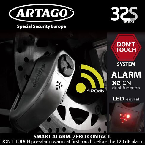 ARTAGO 32 State-of-the-art Disc Lock Without or With Alarm 120dB + Don't Touch Warning, Exclusive SAA Triple Locking, SRA Approved, Stainless Steel High-end Motorcycle Alarm Disc Brake Lock Anti-Theft in Kuwait