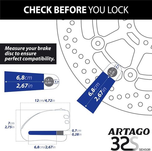 ARTAGO 32 State-of-the-art Disc Lock Without or With Alarm 120dB + Don't Touch Warning, Exclusive SAA Triple Locking, SRA Approved, Stainless Steel High-end Motorcycle Alarm Disc Brake Lock Anti-Theft in Kuwait