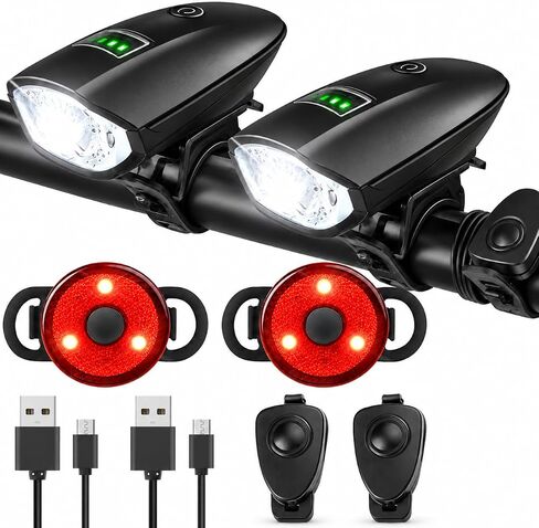 مجموعة أضواء الدراجة مع قرن 1400LM USB قابل لإعادة الشحن للدراجة الأمامية وإضاءة خلفية وقرن مقاوم للماء 3 أوضاع إضاءة تناسب الدراجات للطرق والجبال in Kuwait