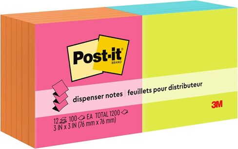 ملاحظات منبثقة Post-it، 3x3 بوصة، 12 وسادة، الملاحظات اللاصقة المفضلة رقم 1 في أمريكا، Poptimistic، ألوان زاهية، إزالة نظيفة، قابلة لإعادة التدوير in Kuwait