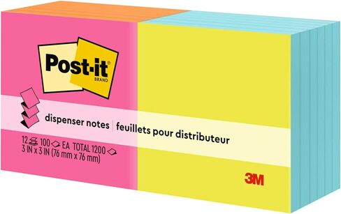 ملاحظات منبثقة Post-it، 3x3 بوصة، 12 وسادة، الملاحظات اللاصقة المفضلة رقم 1 في أمريكا، Poptimistic، ألوان زاهية، إزالة نظيفة، قابلة لإعادة التدوير in Kuwait