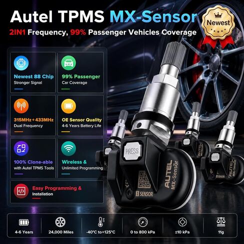 مستشعر Autel TPMS مستشعر MX، تردد مزدوج 2 في 1 (315 ميجا هرتز + 433 ميجا هرتز) مستشعر نظام مراقبة الضغط على مستوى OE لـ 99% من المركبات، معيار SAE J1205/J1206/J2657 (ضغط، صمام معدني، حزمة من 4) in Kuwait
