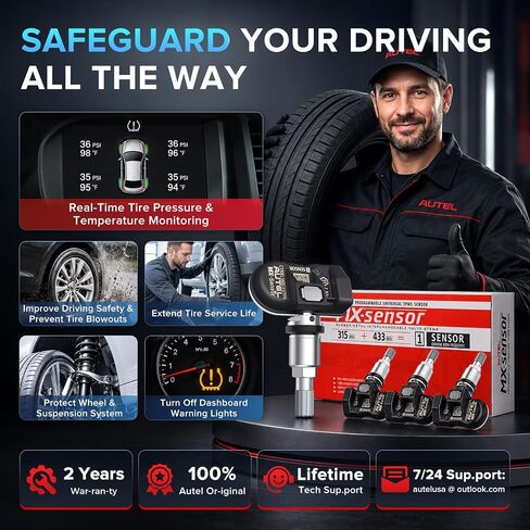 مستشعر Autel TPMS مستشعر MX، تردد مزدوج 2 في 1 (315 ميجا هرتز + 433 ميجا هرتز) مستشعر نظام مراقبة الضغط على مستوى OE لـ 99% من المركبات، معيار SAE J1205/J1206/J2657 (ضغط، صمام معدني، حزمة من 4) in Kuwait