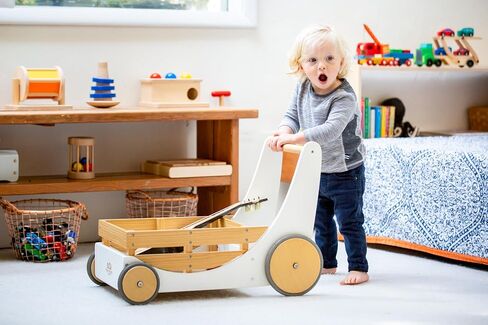 Kinderfeets 2-in-1 Wooden Cargo Walker Cart Wagon with Adjustable Rubber Wheels and Removable Basket for Children and Toddlers (Blue) in Kuwait