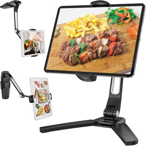 حامل iPad تحت الخزانة من OverTEK، حامل جداري لجهاز iPad 3 في 1 Highflex 360° للمطبخ، حامل لوحي تحت حامل العداد، حامل كمبيوتر لوحي للمطبخ يناسب جهاز iPad مقاس 4.7 بوصة إلى 13.5 بوصة، صغير، Air، Surface Pro - أبيض in Kuwait