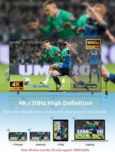 محول عرض HDMI لاسلكي TIMBOOTECH 4K/5G، 4K@30 هرتز Miracast Dongle Screen Mirroring Video & Audio استقبال 65FT، لأجهزة الكمبيوتر المحمول، الكمبيوتر الشخصي، i-Phone، i-Pad، Tablet، Mac، Android، نافذة إلى التلفزيون/جهاز العرض/الشاشة in Kuwait