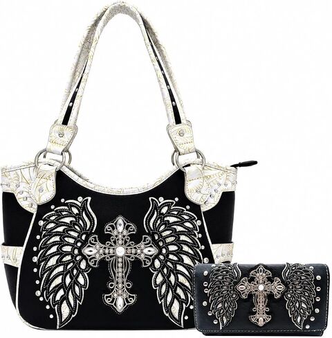 Western Style Rhinestone Cross Studded Laser Cut Wings Tooled Leather Purse Women Handbags Country Shoulder Bag Wallet Set in Kuwait