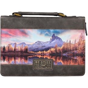 Christian Art Gifts Classic Faux Leather Bible Cover: Be Still and Know - Psalm 46:10 Inspirational Bible Verse with Majestic Valley and Mountains, Charcoal/Gray, Medium