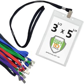 Bulk 100 Pack - Clear Vertical Large Credential ID Badge Holders (3 1/2 x 5 1/4) with Premium Quality Bulldog Clip Lanyards for Special Events by Specialist ID (4x6 Outside) (Black)
