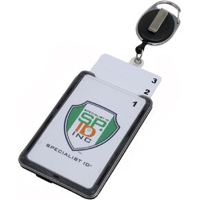 Hard Plastic 3 Card Badge Holder with Retractable Reel - Retracting ID Lanyard Features Belt Clip & Carabiner - Rigid Vertical CAC Holder - Top Load Holds Three Cards by Specialist ID (Black)