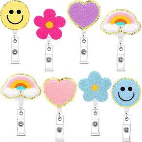8 Pcs Nurse Badge Reel Retractable Smile Face Badge Holder Felt Flower Name ID Accessories with 360 Degree Swivel Alligator Clip for Nurses Teacher Student Holiday Gifts