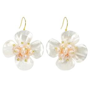 ELEXIS White Flower Mother Of Pearl Earrings For Women Dangle Handmade Trendy Wedding Pearl Hanging Earrings Engaged Bridesmaid Vintage Jewelry Gift For Mom
