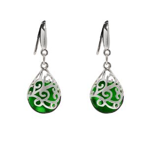 Recycled Vintage 1960's Green Beer Bottle Glass and Sterling Silver Filigree Teardrop Earrings