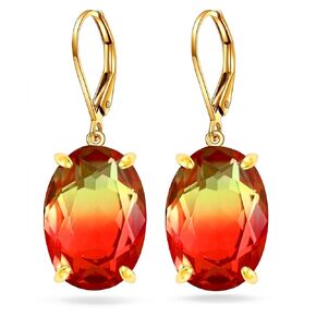 Oval Natural Multicolor Rainbow Fluorite Crystal Drop Earrings,14K Gold Plated Geometric Simple Single Stone Dangle Earrings,Genuine Quartz Gemstone Earrings for Women (A02_Multicolor Fluorite)