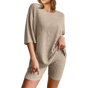 طقم بيجامات NORACORA مكون من قطعتين من نسيج مضلع للنساء تي شيرت وسروال قصير ملابس نوم in Kuwait