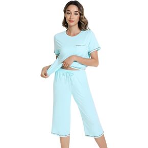 NACHILA Women's Pajamas Set -Viscose Made from Bamboo,Short Sleeve Sleepwear Crew Neck Pjs Set Soft Loungewear