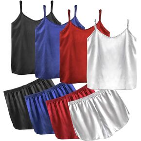 XPUDAC 4Pcs Satin Pajamas for Women Silk Women’s Pajamas Sets Soft Sleepwear Pjs Cami Top and Shorts Sleep Camisole Nightwear
