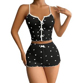 Women's 2 Piece Pajama Set Heart Lettuce Trim Bow Front Cami Top and Shorts Pjs Soft Cute Sleepwear
