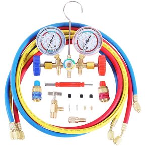 JIFETOR 3 Way AC Manifold Gauge Set, HVAC Diagnostic Refrigerant Charging Tool for Auto Household R404A R134A Refrigerant with 5FT Charge Hose Can Tap Quick Couplers Valve Core Accessories Kit