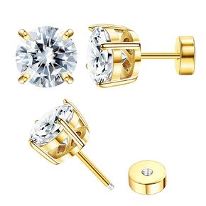 Cubic Zirconia Earrings Studs Screw Back Earrings for Women Girls 14K Gold CZ Flat Back Earrings Surgical Steel 20G Hypoallergenic Earrings Flat Back Handmade Cartilage Earrings Gold 4mm