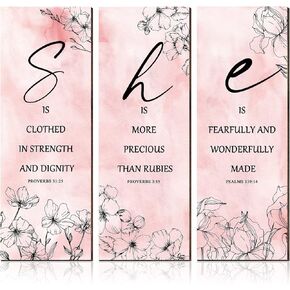 Qunclay 3 Pcs Pink Flower Inspirational Wall Decor Art Gift Wooden Motivational Hanging Christian Quotes Floral Decor for Christmas Women Girl Living Room(Pink,11.81 x 3.94 x 0.2 Inch)