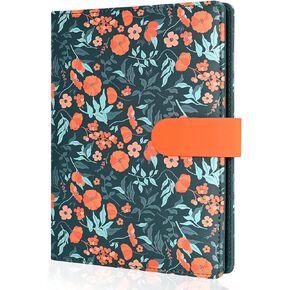 Floral Personal Organiser, A5 PU Leather Binder Journal, Refillable A5 Notebook Folio Portfolio Cover, 6 Ring Binder Organizer with Magnetic Buckle Closure,Dark Blue