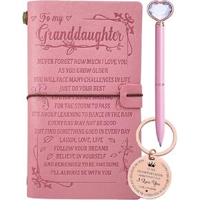 Gift for Granddaughter from Grandma, To My Granddaughter Journal Pink, Granddaughter Keychain, Granddaughter Leather Journal 140 Pages Notebook, Granddaughter Graduation Birthday Christmas Gift