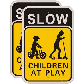 2 Pack Slow Down Children at Play Yard Signs 18 x 12 Inches Slow Children Playing Safety Signs for Neighborhood, Metal Reflective Sturdy Rust Aluminum Waterproof Easy to Install