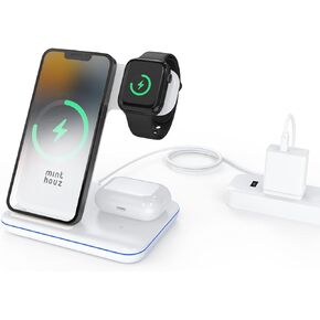Minthouz 3 in 1 Wireless Charger, 18W Fast Wireless Charging Station for Multiple Devices Apple Watch, AirPods, Wireless Charger Stand Compatible with iPhone 15/14/13/12 Series - Black (with Adapter)