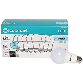 Ecosmart 8-Pack A19 - 60 Watt يعادل ضوء النهار (5000K) لمبة LED
