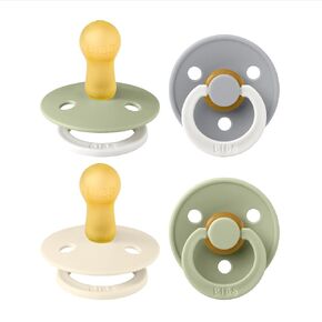 BIBS Colour Soother 4-Pack | BPA Free Dummy Pacifier | Round Nipple | Natural Rubber Latex | Made in Denmark | Size 6-18 Months | Sage Glow Mix