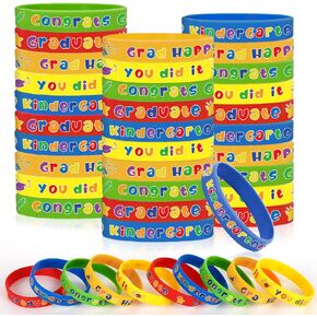 Whaline 50Pcs Kindergarten Graduation Bracelets Colorful Class of 2024 Silicone Wristband 5 Styles Congrats Grad Stretchy Rubber Bands for School Students Kids Graduation Gifts Party Decor