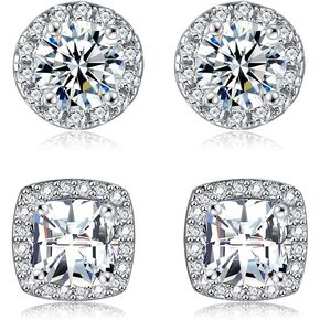 18K White Gold Plated Round Square Cubic Zirconia Simulated Diamond Halo Stud Earrings 2 pairs Set