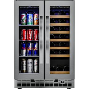 KoolMore 24 Inch Dual Zone Wine Cooler and Beverage Refrigerator with Cool Temperature Control, LED Touch Display, and Adjustable Shelves, Holds up to 21-Bottles and 60-Cans (KM-CWB1830-SS),Silver