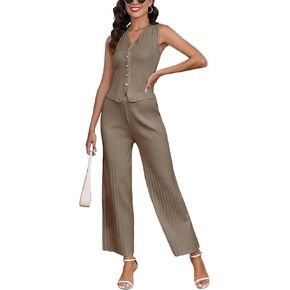 RIATOUR Women Suiting 2 Piece Outfits Knit Set Sleeveless Button Down Vest Wide Leg Pants Lounge Sets
