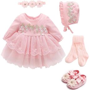 Baby Girls Princess Dress 1st Birthday Dress Outfit Wedding Christmas Party Dress hat Headband Tights Shoes Set Pink 3 Months (Pink, 3 Months)