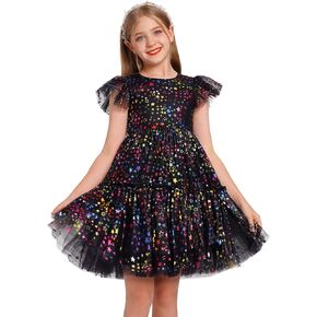 Girls Princess Tulle Tutu Dress Flutter Sleeve Star Glitters Rainbow Birthday Party Pageant Kids Summer Clothes