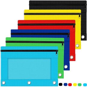 Officygnet Pencil Pouch for 3 Ring Binder, Bulk 6 Pack 3 Hole Zipper Pencil Pouches with Clear Window, Pencil Bags in Assorted Colors, Cloth Pencil Case for School Office College Supplies