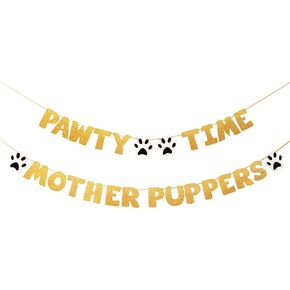 لوازم حفلات أعياد ميلاد الكلاب الجاهزة مسبقًا من Let's Pawty Dog، الجراء الأم بوقت Pawty، لافتة عيد ميلاد مضحكة ذهبية لامعة للجرو لتزيين الحفلات، فتاة صبي، جرو لطيف للحيوانات الأليفة، علامة راية مخلب ديكو