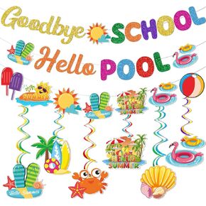 Goodbye School Hello Pool Banner Summer Party Decorations End of School Year Party Decorations Schools Out for Summer Decorations Last Day of School Decorations Pool Party Decorations