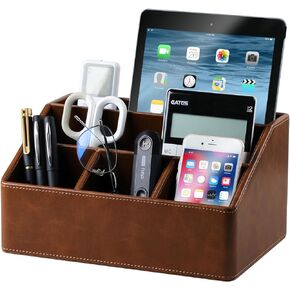 Pu Leather Desk Organizer, Multifunctional Storage Box with 5 Compartments, Office Accessories Pen Pencil Business Name Cards Remote Control Holder (Black)