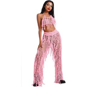 ABAFIP Women's Cowgirl Costume Western Cowboy Outfits Crochet Tassel Fringe Crop Tops Shorts/Flare Pants set