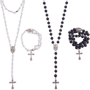 SUNNYCLUE DIY 2 Sets Rosary Making Kit Rosary Necklace Kit - 2 Strands 6mm 8mm White Black Handmade Glass Pearl Beaded Chain, Crucifix, Oval Centerpiece, Jump Rings, Lobster Claw Clasps, Instruction