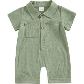 Newborn Baby Boy Summer Jumpsuit Short Sleeve Button Down Cotton Linen Shirt Romper Gentleman One Piece Outfit
