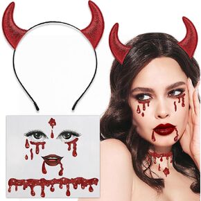 Parma77 Glitter Devil Horns Headband Bundle with Vampire Face Jewels Stick on