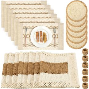 19 Pcs Boho Table Runner Placemat and Napkin Ring Set Woven Macrame Table Runner with Tassels 11.8 x 106.3 Inch Burlap Round and Rectangle Table Mat for Farmhouse Wedding Dining Table Decoration