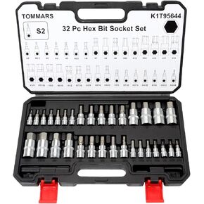 TOMMARS 32-PC Master Allen Hex Bit Socket Set, SAE & Metric Allen Hex Key Wrench Socket Set S2 Steel 1/4", 3/8", 1/2" Drive, H5/64 - H3/4 & H2 - H19
