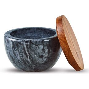 Large Salt Box Spice Seasonings Keeper Pepper Container,Marble Base with Wooden Cover,Salt Cellar Big Capacity Elegant Design (White)