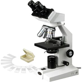AmScope B100-MS-PB10 Compound Binocular Microscope, 40X-1000X Magnification, Brightfield, Tungsten Illumination, Abbe Condenser, Mechanical Stage, Includes 5 Prepared and 5 Blank Slides