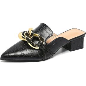 GATUXUS Women's Block Low Heeled Mules Metal Buckle Decor Pointed Toe Slides Backless Loafers Mule Sandals Shoes